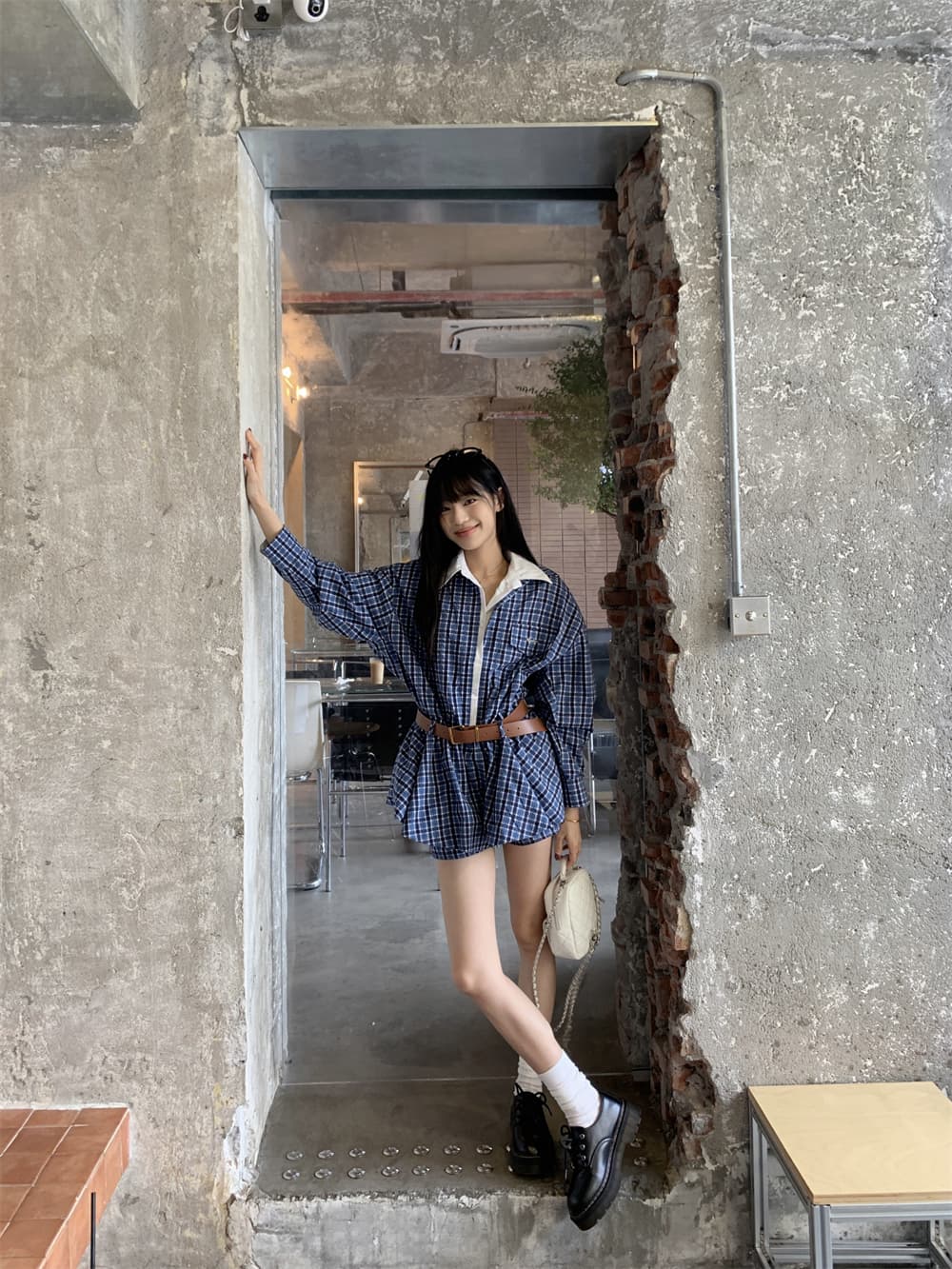 실사 정가 페이크 레이어드 그는 벤 바람 체크무늬 숄 벨트 체크무늬 안전 바지 드레스 사피스 세트 상세 이미지 10