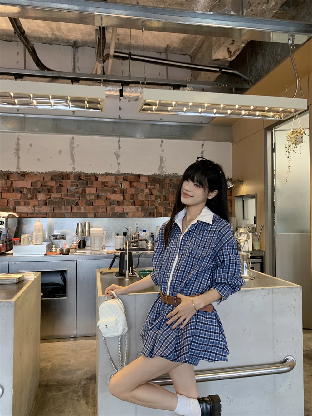 실사 정가 페이크 레이어드 그는 벤 바람 체크무늬 숄 벨트 체크무늬 안전 바지 드레스 사피스 세트 상세 이미지 18