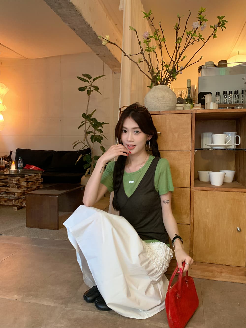 실사 정가 미니멀리즘 V넥 조끼 막대기 표준 인터넷 에디션 다용도 반팔 티셔츠 허리밴드 스트라이프 반신 치마 세트 상세 이미지 23