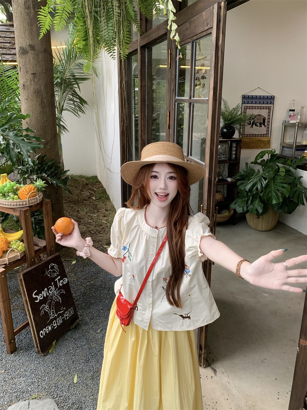 실사 정가 자수 꽃무늬 거품 소매 셔츠 인형 셔츠 플리츠 프릴 거위 옐로우 반신 치마 세트 이미지 2