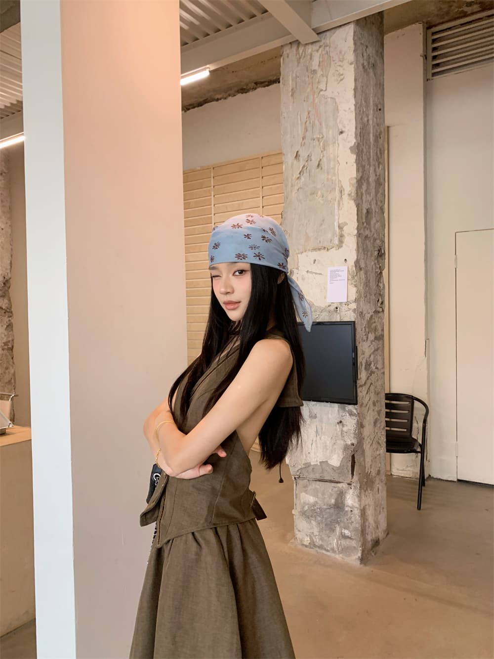 실사 정가 디자인 센스 해군 칼라 V넥 베스트 여성 의류 맨위 리본 패치워크 펌프 Pleat 반신 치마 세트 상세 이미지 5