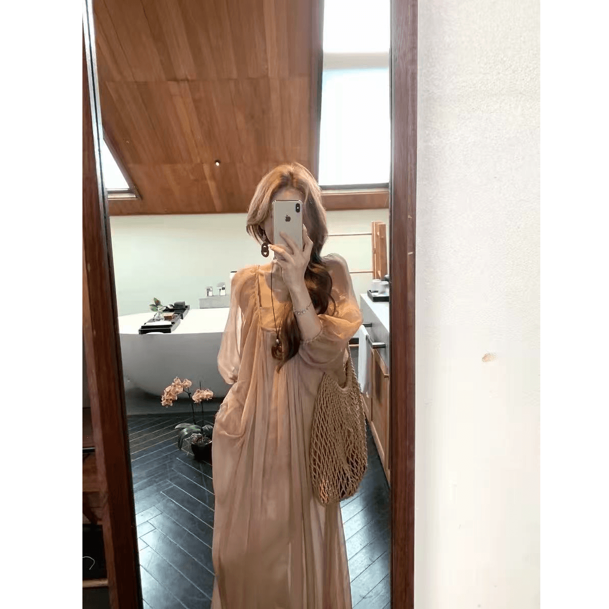 호박색 깃발 감기 센스 광장 칼라 거품 소매 구슬 빛 여성 드레스 여름 품격 치마