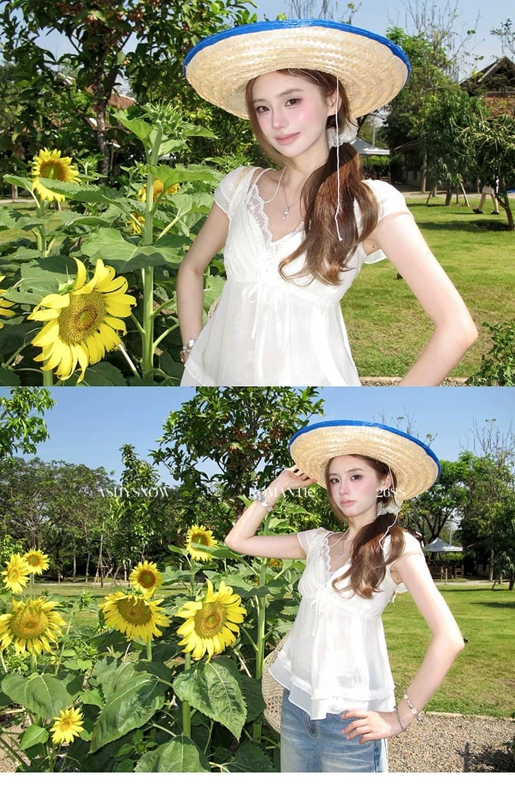있음 선적 레이스 조각 작은 날다 소매 마이크로 ~을 통해 쇼트 스타일 인형 셔츠 주간 실크 장난기 넘치는 소녀 품격 V 넥 셔츠 상세 이미지 8