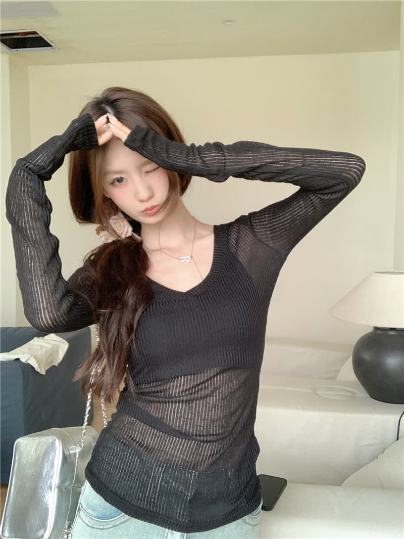 부드러운 분위기 센스 V넥 긴팔 니트 스웨터 여름 순수한 욕망 몸매 가꾸기 맨위 여성 상세 이미지 17