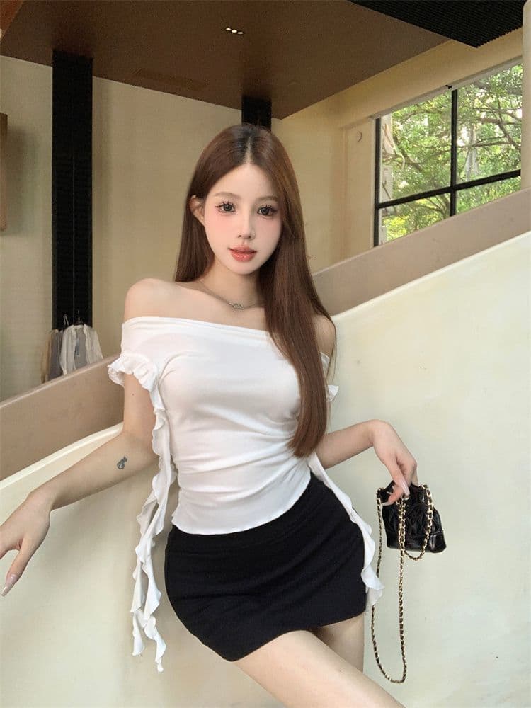 화이트 오프숄더 반팔 티셔츠 여성 여름 몸매 가꾸기 Chic 맨위 레이스 레이스 반신 스커트 투피스 세트 상세 이미지 4