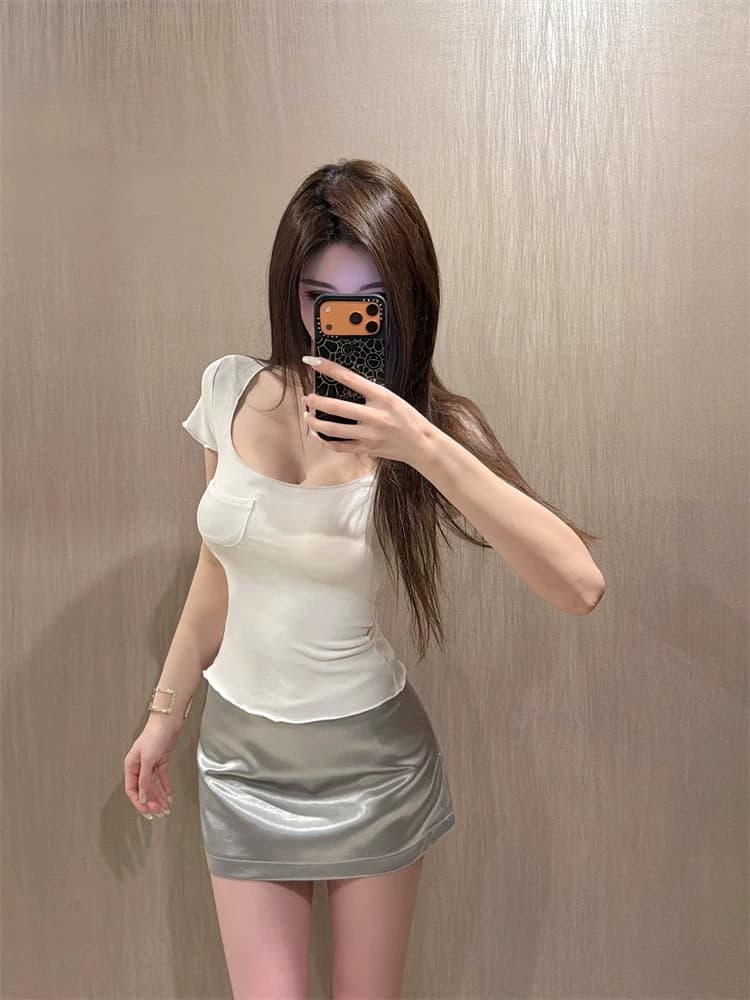 여름 단색 광장 칼라 몸매 가꾸기 반팔 티셔츠 여성 슬림해 보이는 맨위 상세 이미지 4