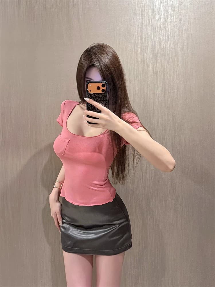 여름 단색 광장 칼라 몸매 가꾸기 반팔 티셔츠 여성 슬림해 보이는 맨위 상세 이미지 6