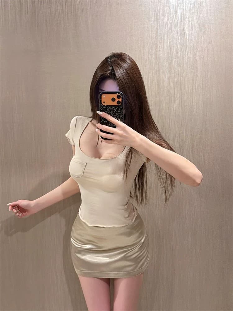 여름 단색 광장 칼라 몸매 가꾸기 반팔 티셔츠 여성 슬림해 보이는 맨위 상세 이미지 12