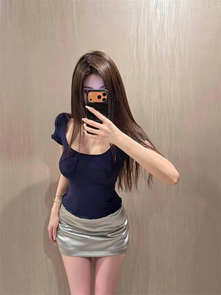 여름 단색 광장 칼라 몸매 가꾸기 반팔 티셔츠 여성 슬림해 보이는 맨위 상세 이미지 17