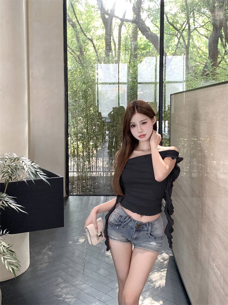 화이트 오프숄더 반팔 티셔츠 여성 여름 몸매 가꾸기 Chic 맨위 레이스 레이스 반신 스커트 투피스 세트 이미지 4