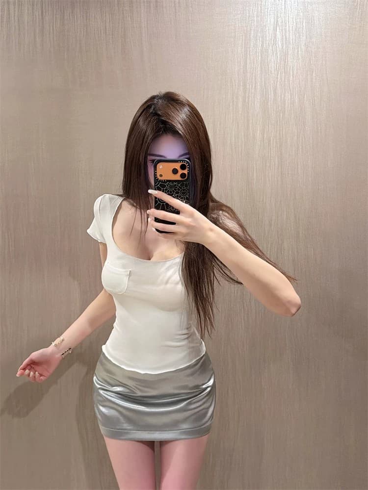 여름 단색 광장 칼라 몸매 가꾸기 반팔 티셔츠 여성 슬림해 보이는 맨위