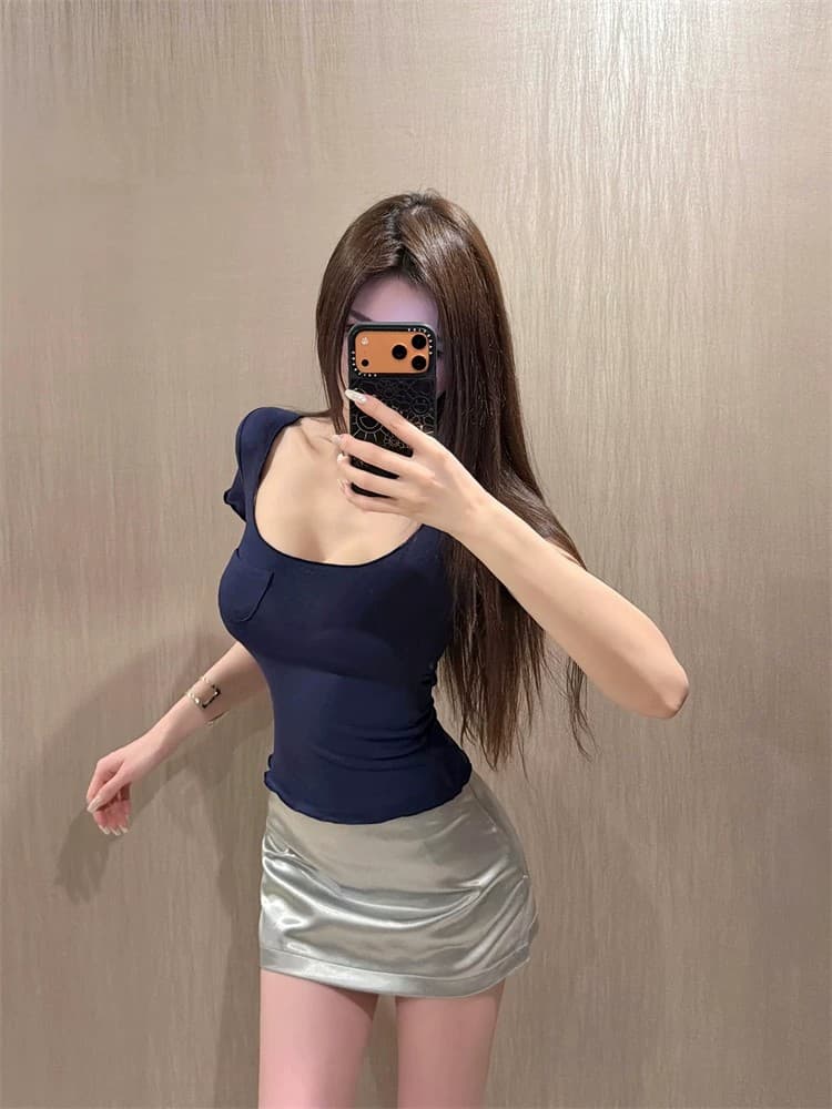 여름 단색 광장 칼라 몸매 가꾸기 반팔 티셔츠 여성 슬림해 보이는 맨위 이미지 3