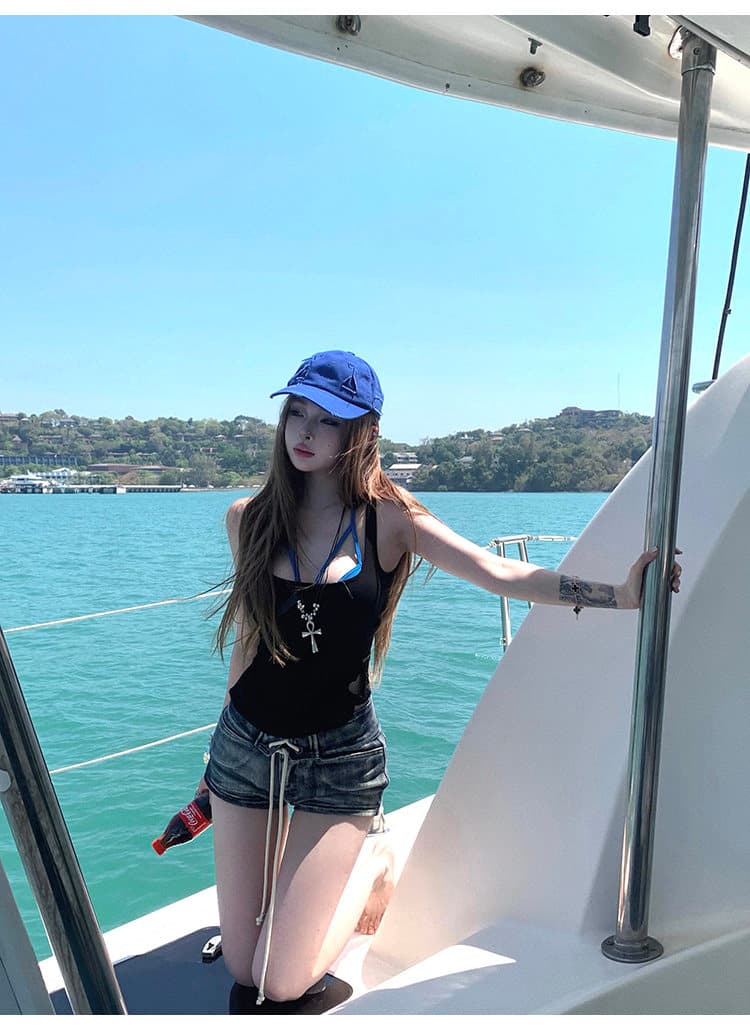 핫걸 순수한 욕망 바람 검정색 작은 슬링 조끼 여성 여름 홀로우 아웃 디자인 센스 스택 착용 투피스 세트 상세 이미지 7