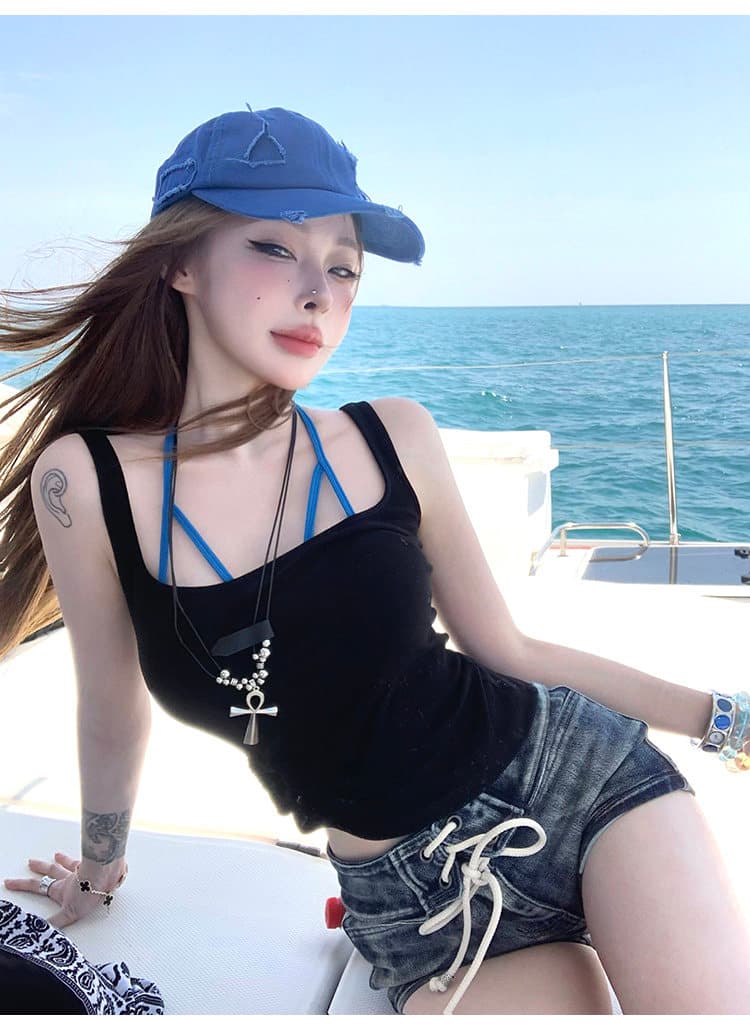 핫걸 순수한 욕망 바람 검정색 작은 슬링 조끼 여성 여름 홀로우 아웃 디자인 센스 스택 착용 투피스 세트 상세 이미지 10