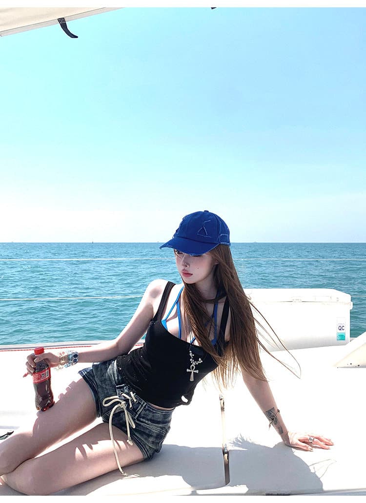 핫걸 순수한 욕망 바람 검정색 작은 슬링 조끼 여성 여름 홀로우 아웃 디자인 센스 스택 착용 투피스 세트 상세 이미지 18
