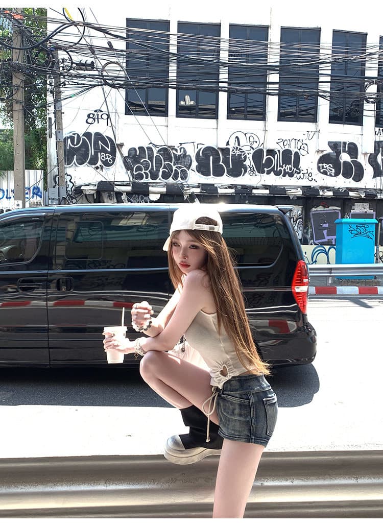 핫걸 순수한 욕망 바람 검정색 작은 슬링 조끼 여성 여름 홀로우 아웃 디자인 센스 스택 착용 투피스 세트 상세 이미지 36