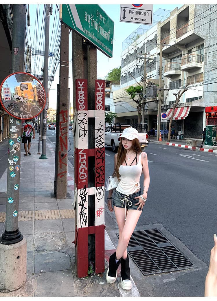 핫걸 순수한 욕망 바람 검정색 작은 슬링 조끼 여성 여름 홀로우 아웃 디자인 센스 스택 착용 투피스 세트 상세 이미지 42