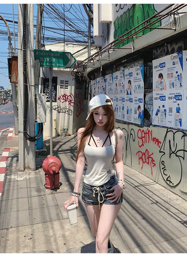핫걸 순수한 욕망 바람 검정색 작은 슬링 조끼 여성 여름 홀로우 아웃 디자인 센스 스택 착용 투피스 세트 상세 이미지 48