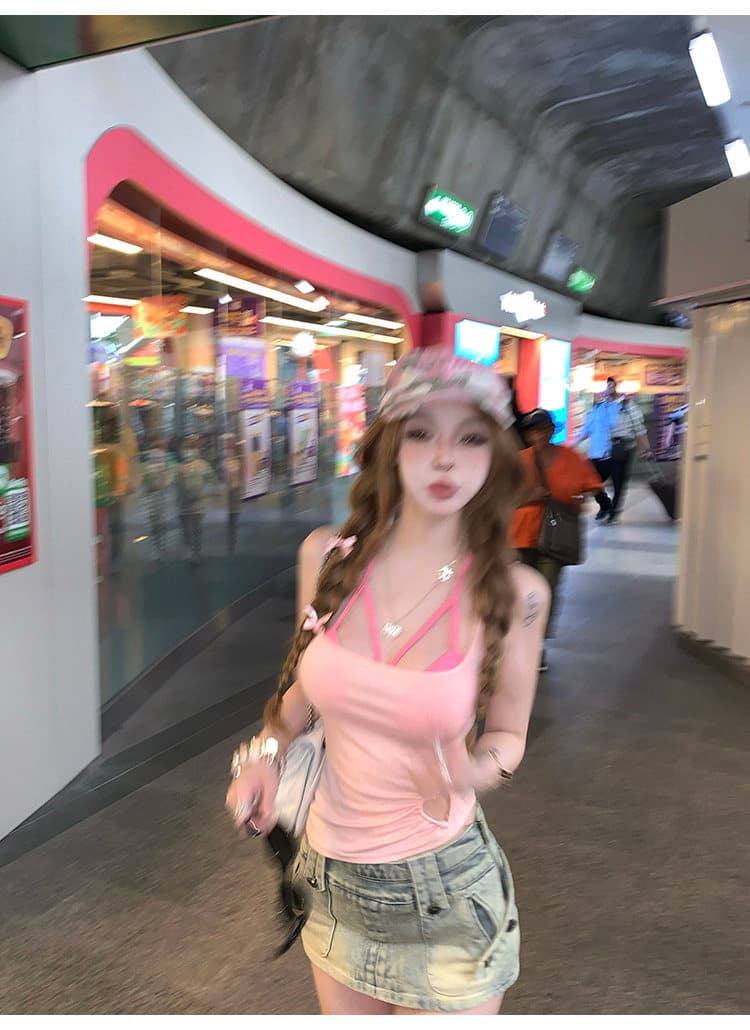 핫걸 순수한 욕망 바람 검정색 작은 슬링 조끼 여성 여름 홀로우 아웃 디자인 센스 스택 착용 투피스 세트 상세 이미지 59