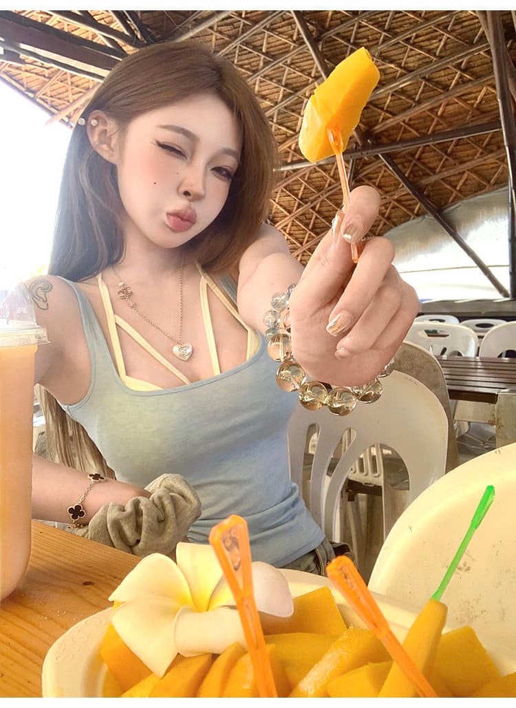 핫걸 순수한 욕망 바람 검정색 작은 슬링 조끼 여성 여름 홀로우 아웃 디자인 센스 스택 착용 투피스 세트 상세 이미지 72