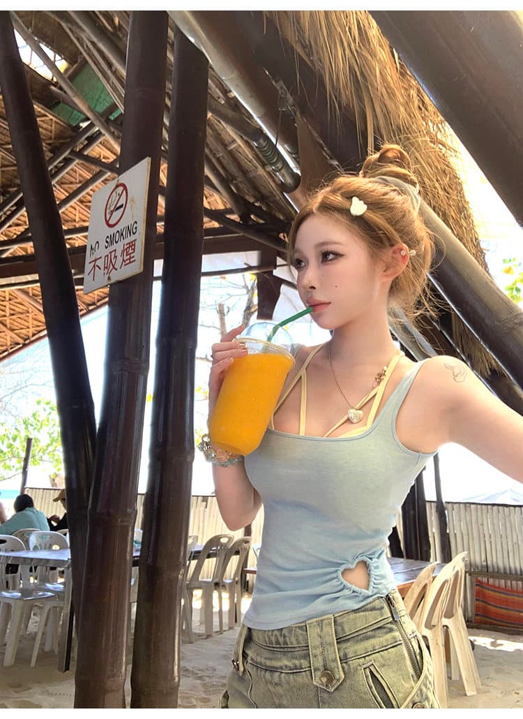 핫걸 순수한 욕망 바람 검정색 작은 슬링 조끼 여성 여름 홀로우 아웃 디자인 센스 스택 착용 투피스 세트 상세 이미지 83