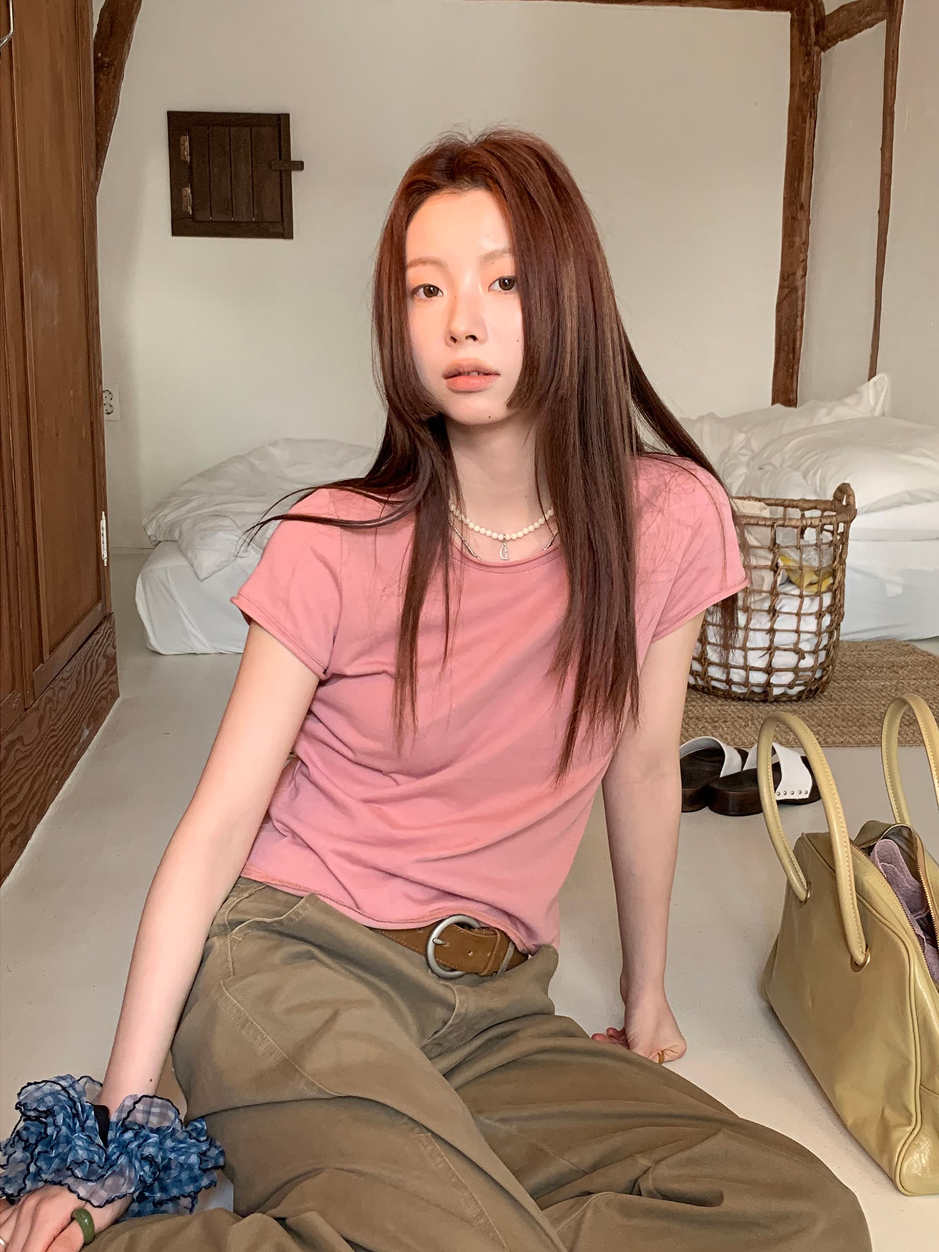 기초 섹션 단색 볼륨 측면 반팔 티셔츠 여성 여름 슬림해 보이는 풀오버 맨위 이미지 3