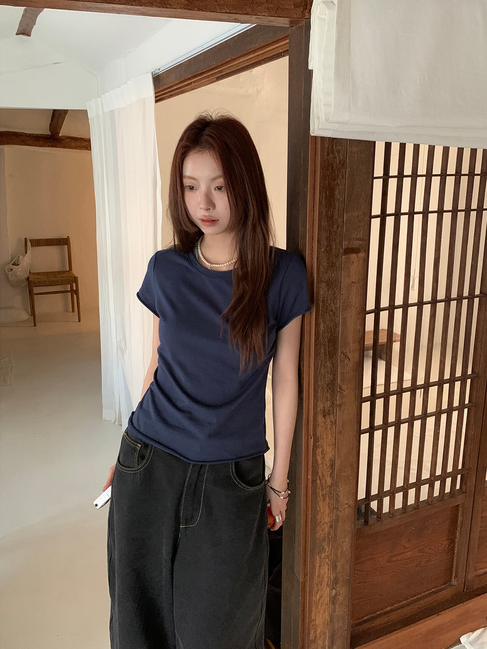 기초 섹션 단색 볼륨 측면 반팔 티셔츠 여성 여름 슬림해 보이는 풀오버 맨위 이미지 2