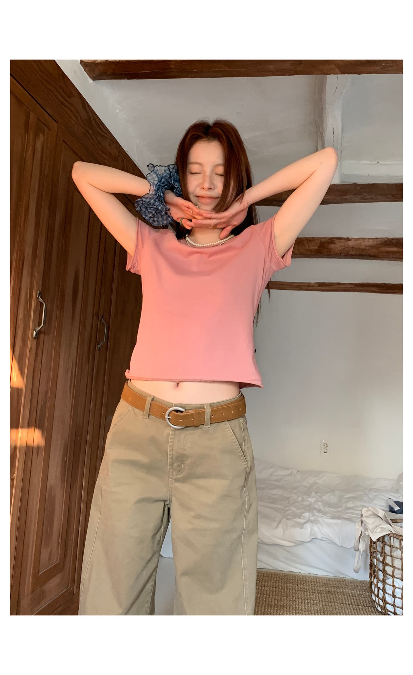 기초 섹션 단색 볼륨 측면 반팔 티셔츠 여성 여름 슬림해 보이는 풀오버 맨위 상세 이미지 8