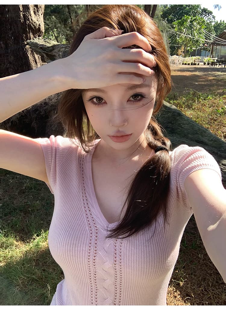 순수한 욕망 핑크색 니트 반팔 티셔츠 여성 여름 몸매 가꾸기 V넥 홀로우 아웃 슬림해 보이는 맨위 상세 이미지 5