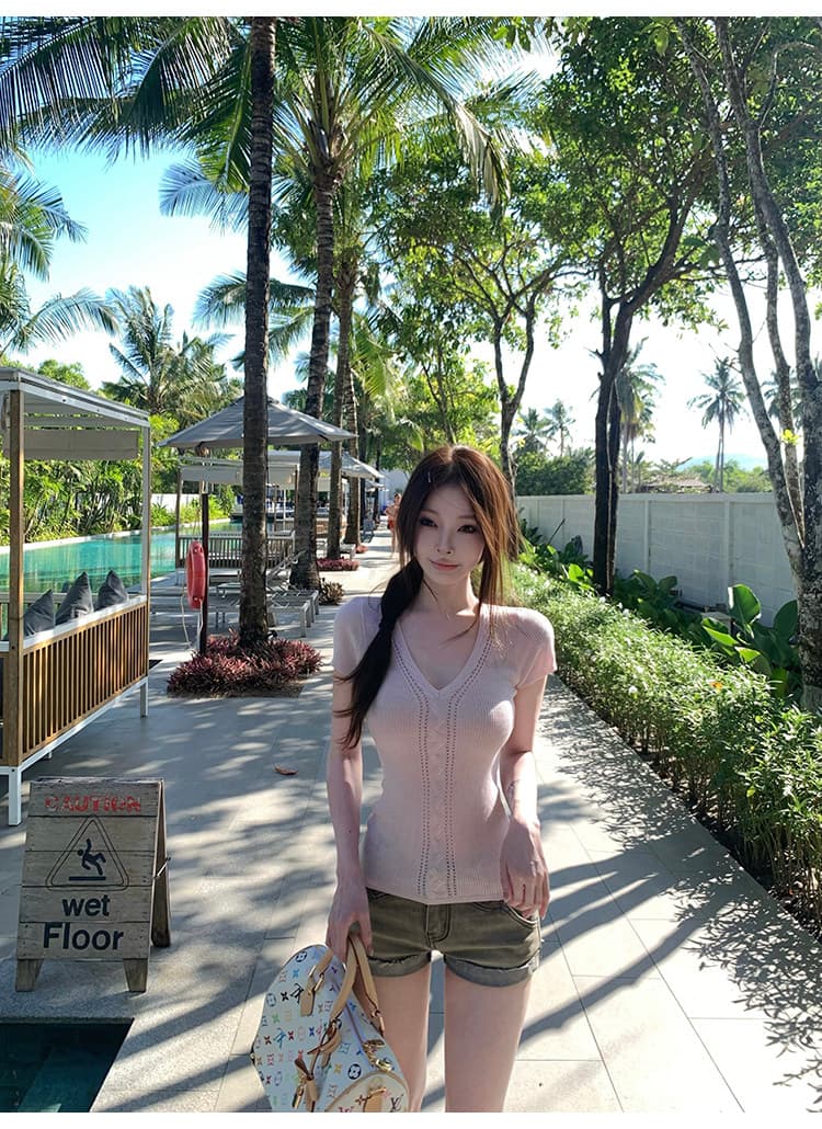순수한 욕망 핑크색 니트 반팔 티셔츠 여성 여름 몸매 가꾸기 V넥 홀로우 아웃 슬림해 보이는 맨위 상세 이미지 9