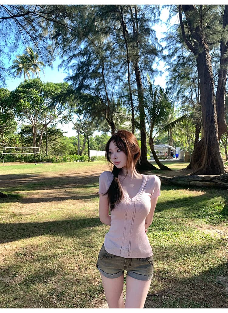 순수한 욕망 핑크색 니트 반팔 티셔츠 여성 여름 몸매 가꾸기 V넥 홀로우 아웃 슬림해 보이는 맨위 상세 이미지 11