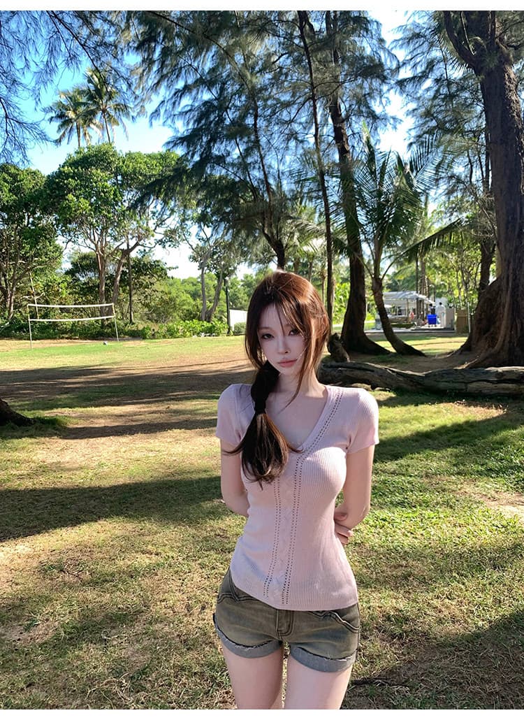 순수한 욕망 핑크색 니트 반팔 티셔츠 여성 여름 몸매 가꾸기 V넥 홀로우 아웃 슬림해 보이는 맨위 상세 이미지 12