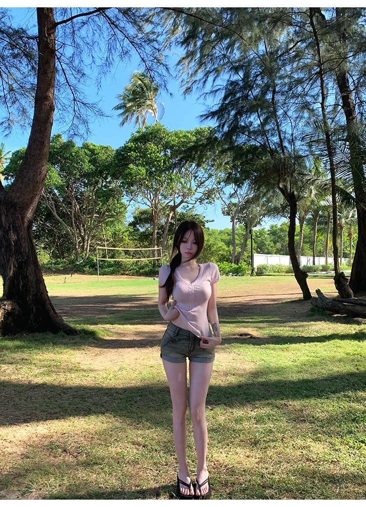 순수한 욕망 핑크색 니트 반팔 티셔츠 여성 여름 몸매 가꾸기 V넥 홀로우 아웃 슬림해 보이는 맨위 상세 이미지 14