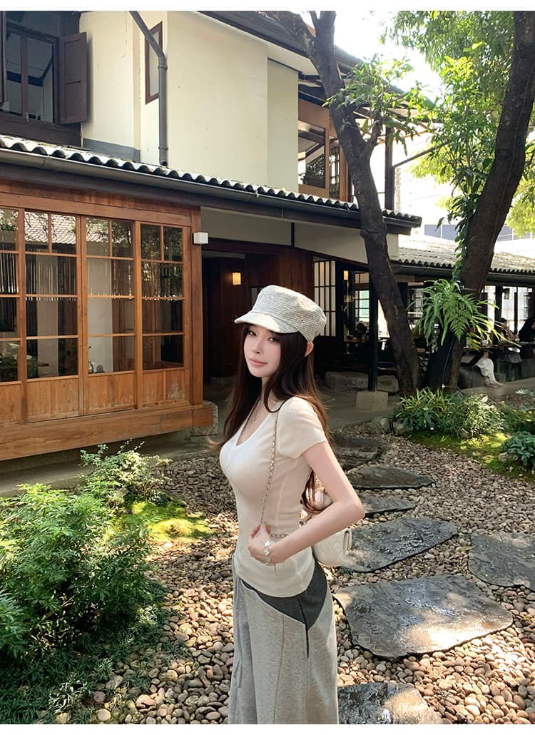 순수한 욕망 핑크색 니트 반팔 티셔츠 여성 여름 몸매 가꾸기 V넥 홀로우 아웃 슬림해 보이는 맨위 상세 이미지 19