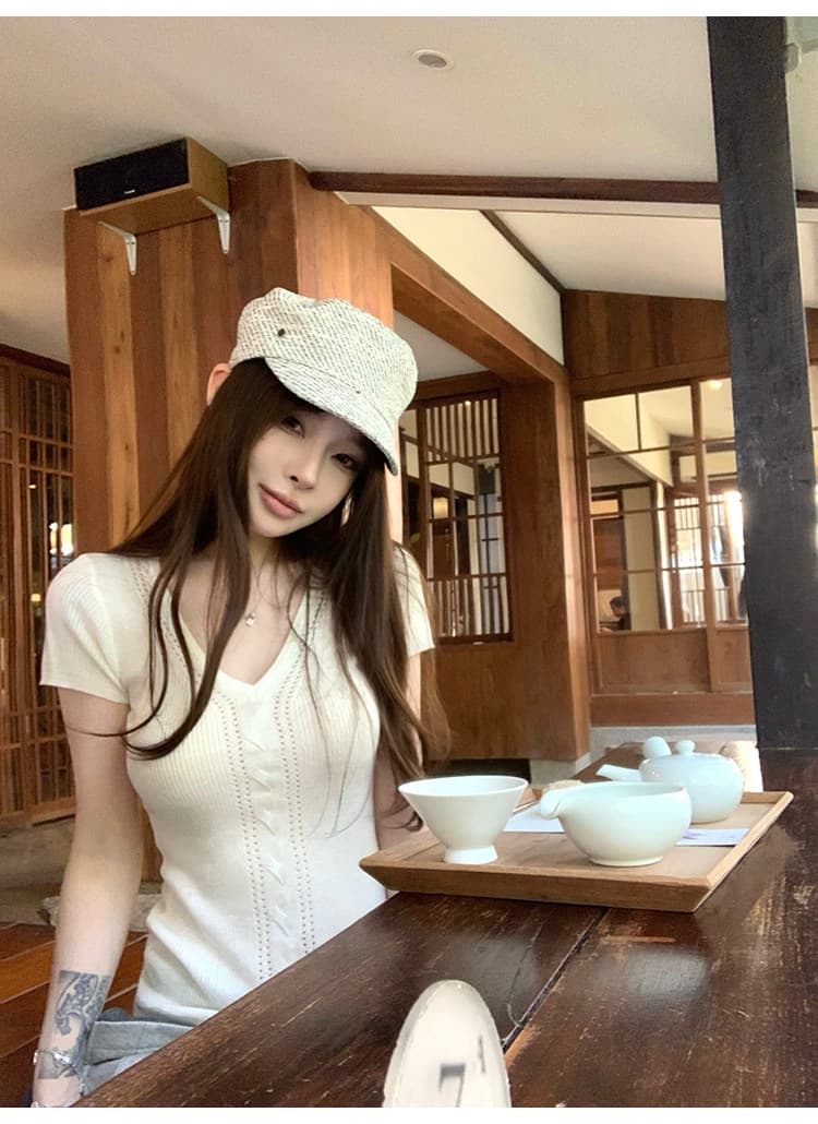 순수한 욕망 핑크색 니트 반팔 티셔츠 여성 여름 몸매 가꾸기 V넥 홀로우 아웃 슬림해 보이는 맨위 상세 이미지 20
