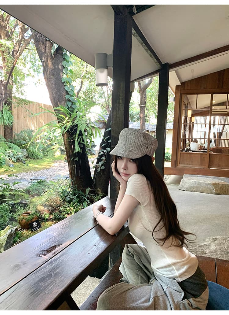 순수한 욕망 핑크색 니트 반팔 티셔츠 여성 여름 몸매 가꾸기 V넥 홀로우 아웃 슬림해 보이는 맨위 상세 이미지 21
