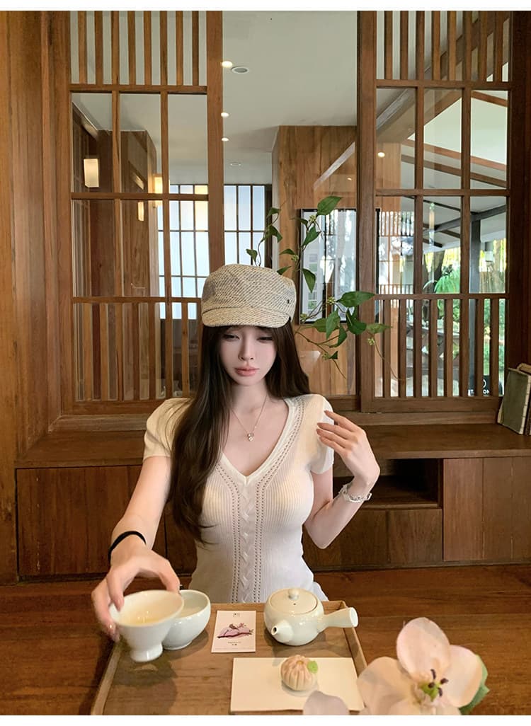 순수한 욕망 핑크색 니트 반팔 티셔츠 여성 여름 몸매 가꾸기 V넥 홀로우 아웃 슬림해 보이는 맨위 상세 이미지 22