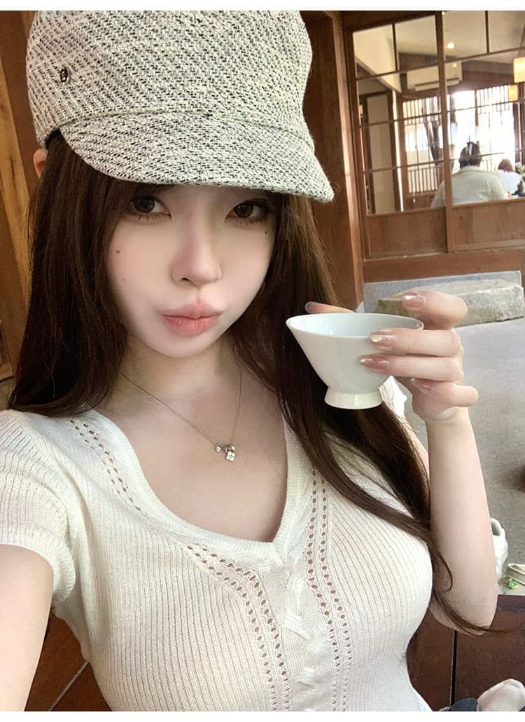 순수한 욕망 핑크색 니트 반팔 티셔츠 여성 여름 몸매 가꾸기 V넥 홀로우 아웃 슬림해 보이는 맨위 상세 이미지 24