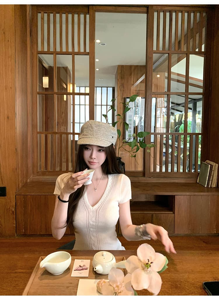 순수한 욕망 핑크색 니트 반팔 티셔츠 여성 여름 몸매 가꾸기 V넥 홀로우 아웃 슬림해 보이는 맨위 상세 이미지 25
