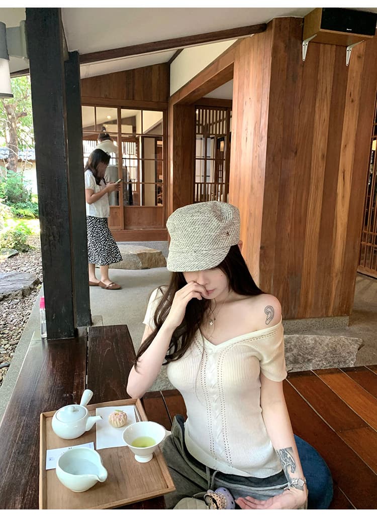 순수한 욕망 핑크색 니트 반팔 티셔츠 여성 여름 몸매 가꾸기 V넥 홀로우 아웃 슬림해 보이는 맨위 상세 이미지 26