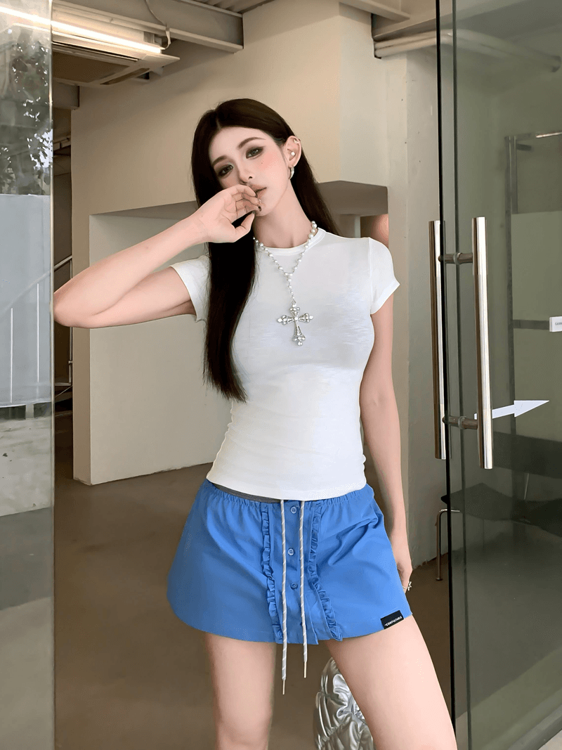 여름 핫걸 기초 섹션 긍정적 인 어깨 라운드 넥 허리 수축 슬림해 보이는 반팔 티셔츠 작은 대중 단색 맨위 상세 이미지 7