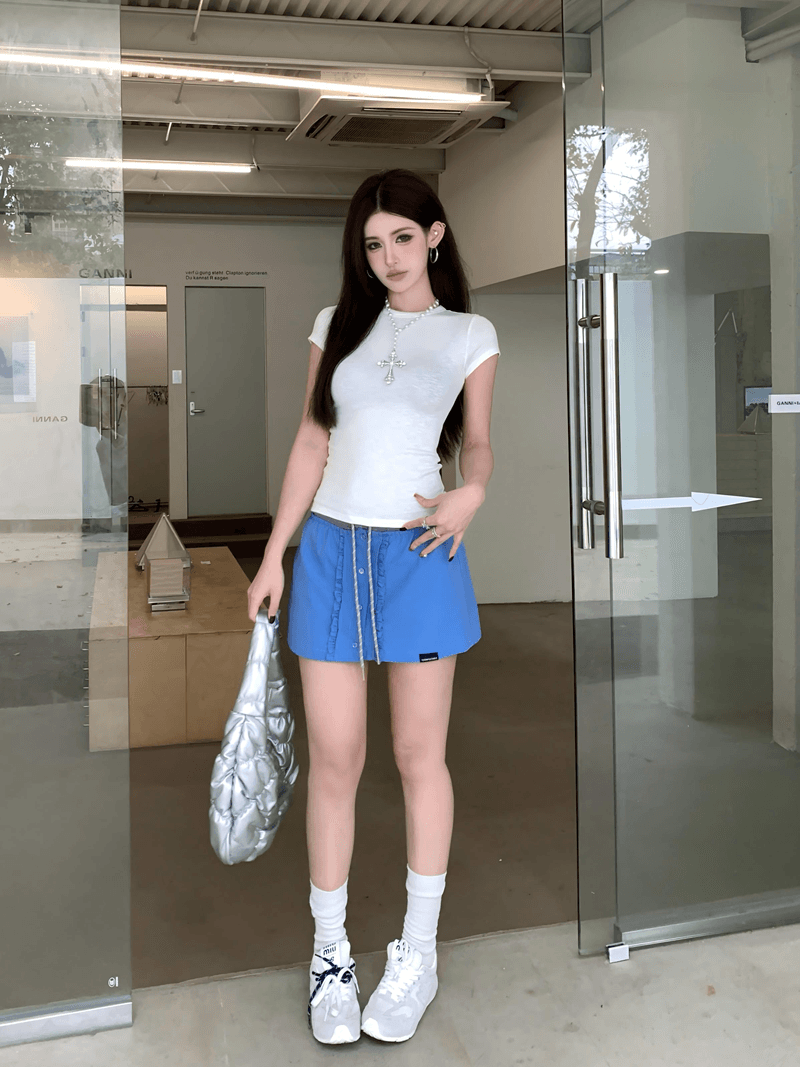 여름 핫걸 기초 섹션 긍정적 인 어깨 라운드 넥 허리 수축 슬림해 보이는 반팔 티셔츠 작은 대중 단색 맨위 상세 이미지 10