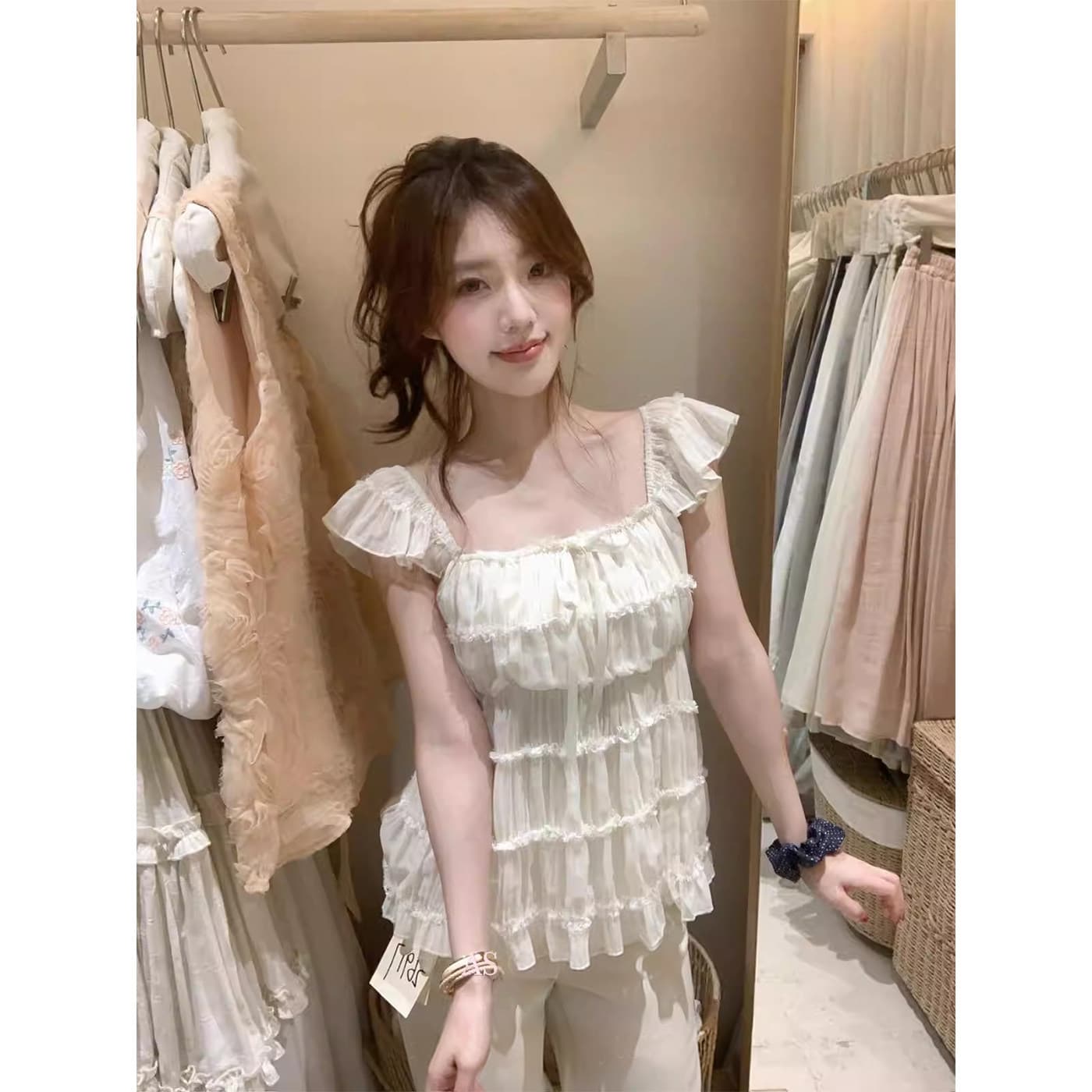 부드러운 달콤함 Chic Feifei 소매 작은 셔츠 여성 여름 2026 새로운 품격 풀오버 맨위 이미지 2