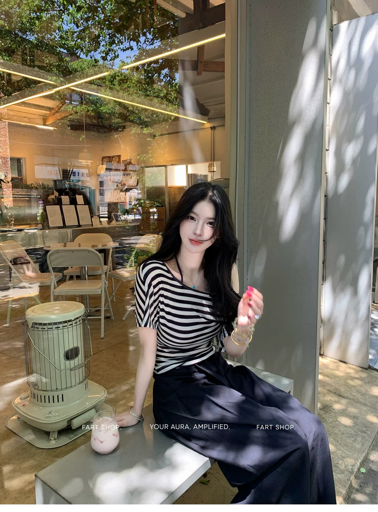 패션 세트 여성 스트라이프 반팔 티셔츠 여름 와이드 레그 팬츠 투피스 세트 상세 이미지 5