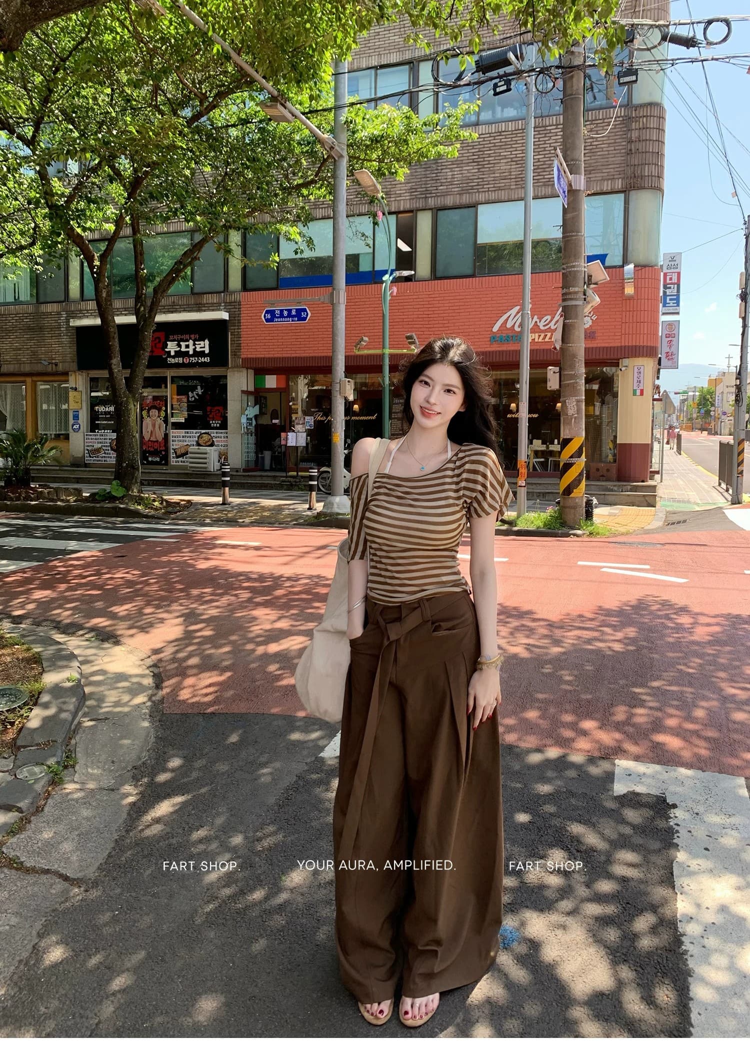 패션 세트 여성 스트라이프 반팔 티셔츠 여름 와이드 레그 팬츠 투피스 세트 상세 이미지 12