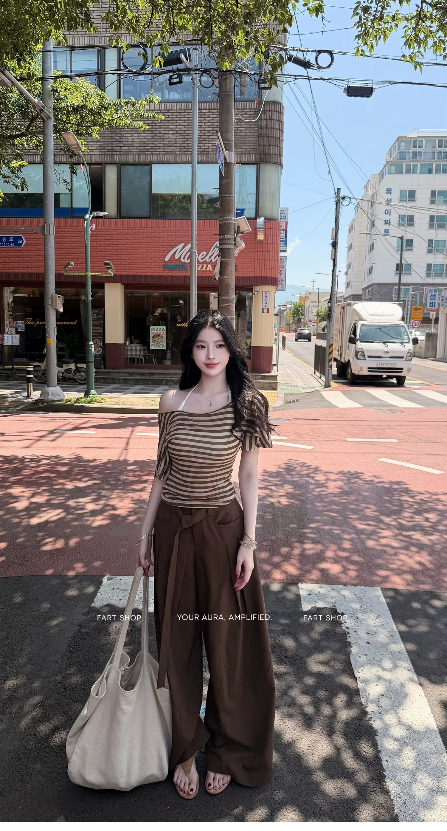 패션 세트 여성 스트라이프 반팔 티셔츠 여름 와이드 레그 팬츠 투피스 세트 상세 이미지 13