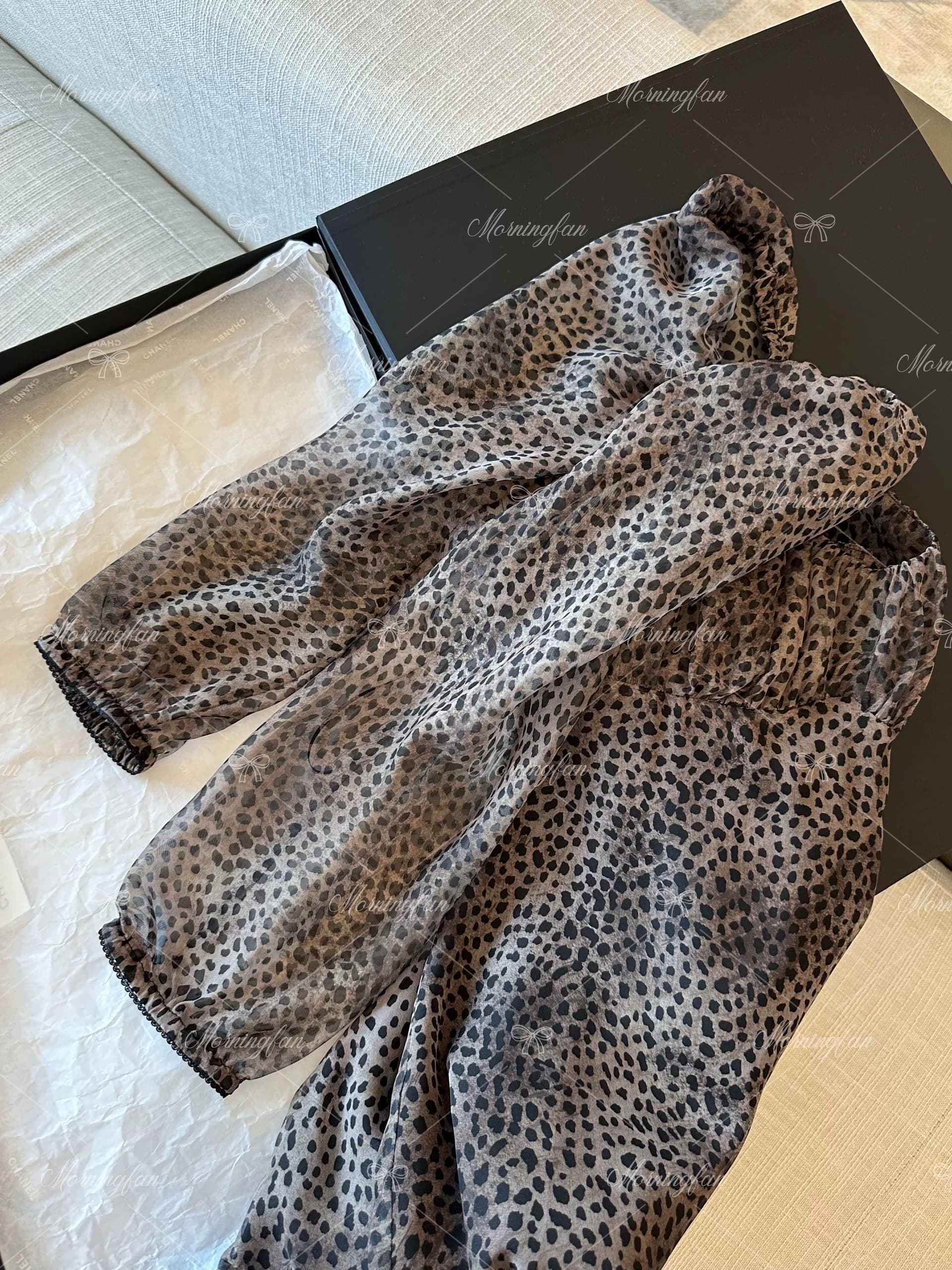 복잡한 고대 칼라 거품 소매 레오파드 무늬 치마 몸매 가꾸기 허리 수축 쉬폰 드레스 상세 이미지 3