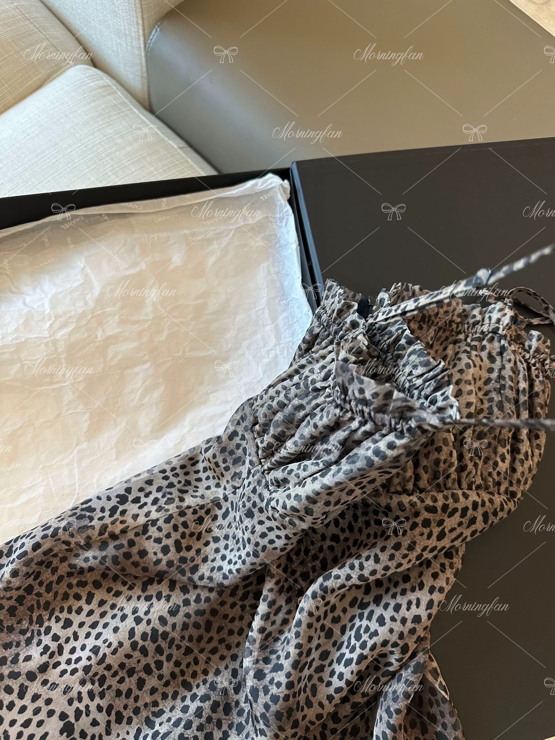 복잡한 고대 칼라 거품 소매 레오파드 무늬 치마 몸매 가꾸기 허리 수축 쉬폰 드레스 상세 이미지 10