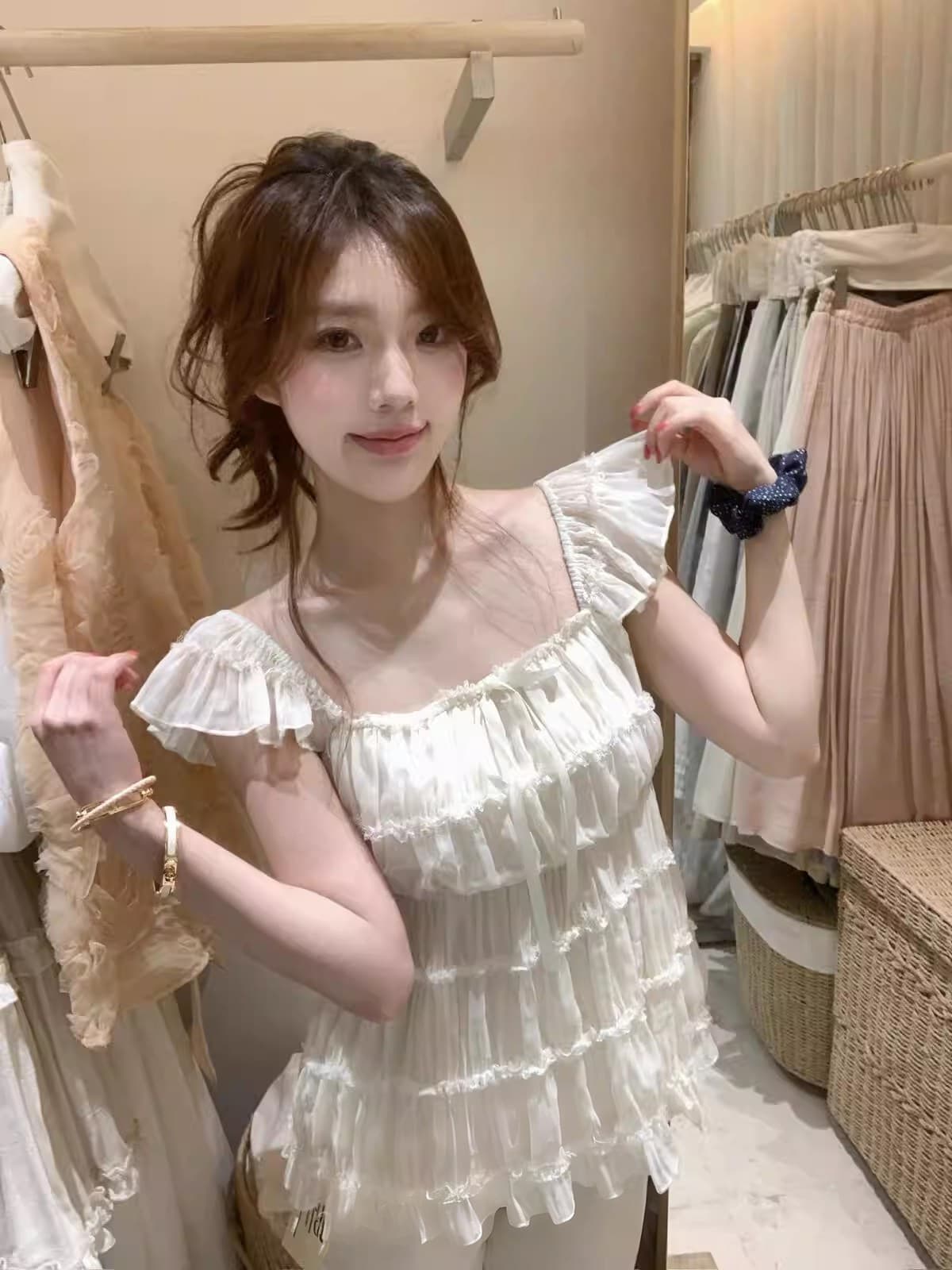 부드러운 달콤함 Chic Feifei 소매 작은 셔츠 여성 여름 작은 대중 레이스 조각 쉬폰 품격 맨위 상세 이미지 1
