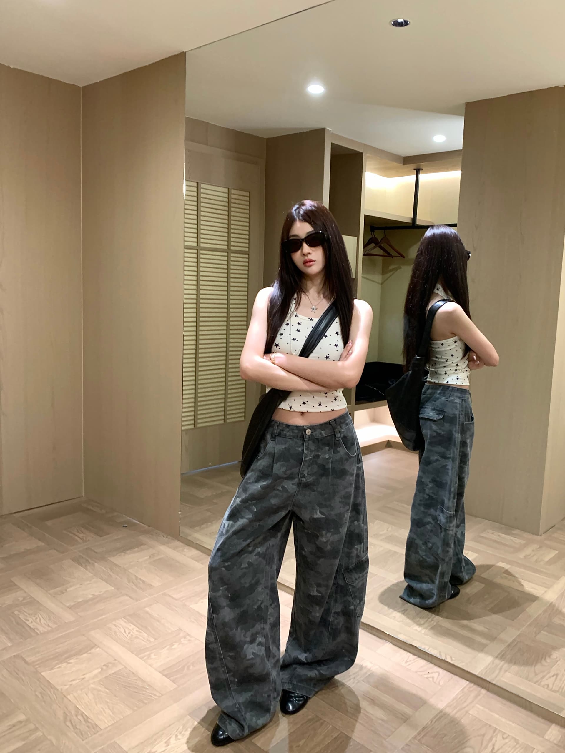 아메리칸 레트로 카모플라주 바지 청바지 와이드 레깅스 바지 여름 하이웨이스트 루즈핏 바닥 청소 바지 스트레이트 팬츠 긴 바지 이미지 3